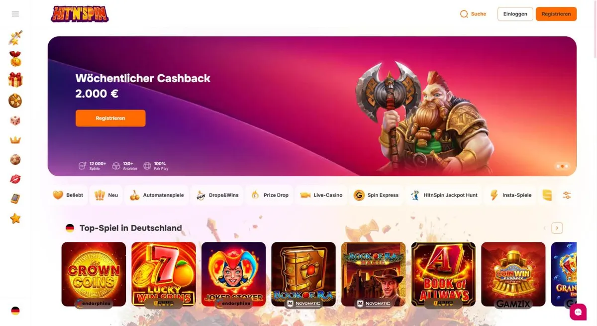 Startseite von Hit'n'Spin auf Deutsch mit dem wöchentlichen Cashback bis 2.000 €