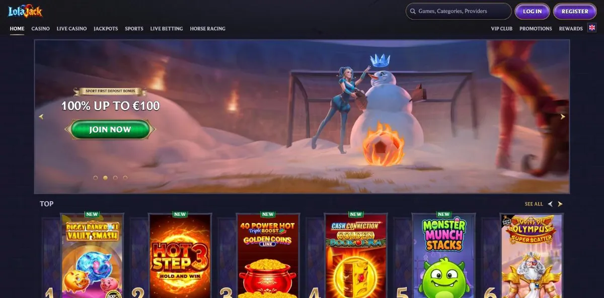 Lolajack home page in English with casino, live casino, jackpots and sports betting in the menu Lolajack home page in English with casino, live casino, jackpots and sports betting in the menu