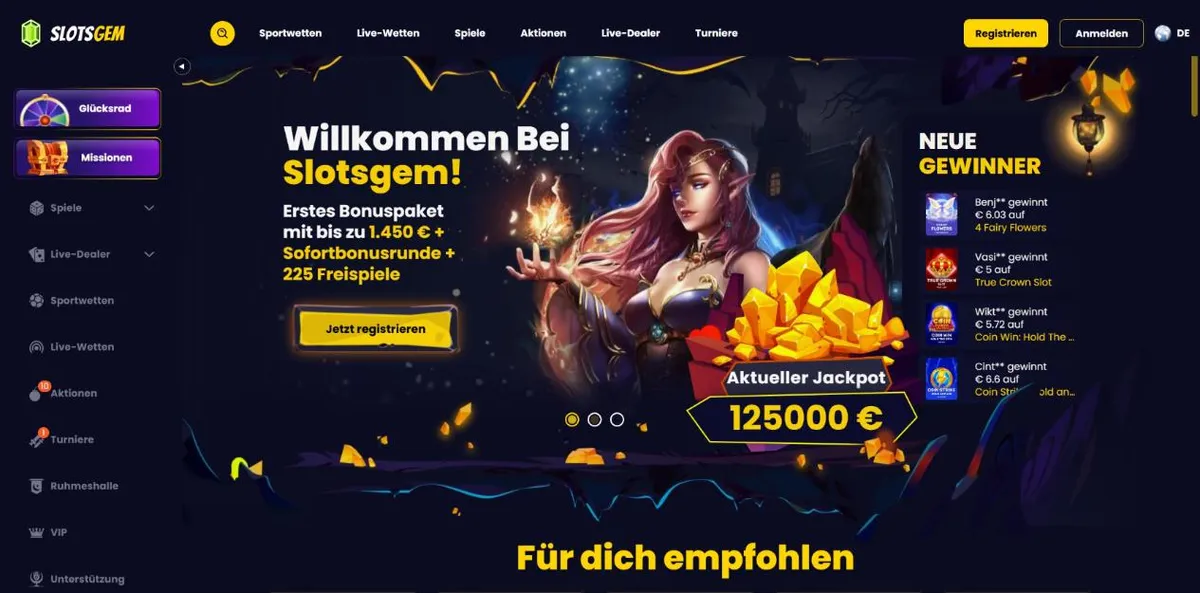 Slotsgem home page in German with a bonus package up to €1,450 plus 225 spins and its jackpot