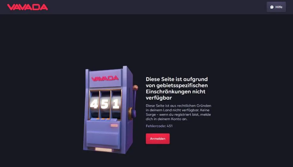 vavada.com von einer deutschen IP-Adresse: Fehlercode 451, Seite aus rechtlichen Gründen nicht verfügbar
