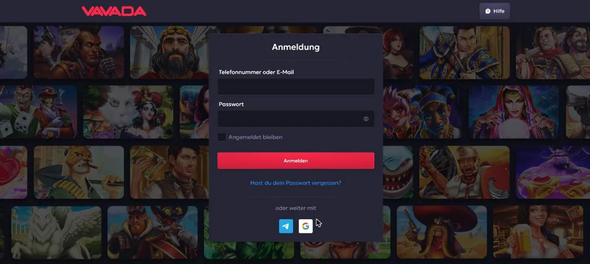 Anmeldeformular von Vavada auf Deutsch mit Feldern für Telefonnummer oder E-Mail und Passwort sowie Login über Telegram und Google Anmeldeformular von Vavada auf Deutsch mit Feldern für Telefonnummer oder E-Mail und Passwort sowie Login über Telegram und Google