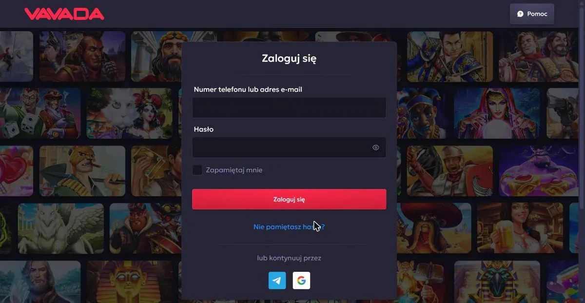 Formularz logowania Vavada: numer telefonu lub e-mail, hasło, logowanie przez Telegram i Google