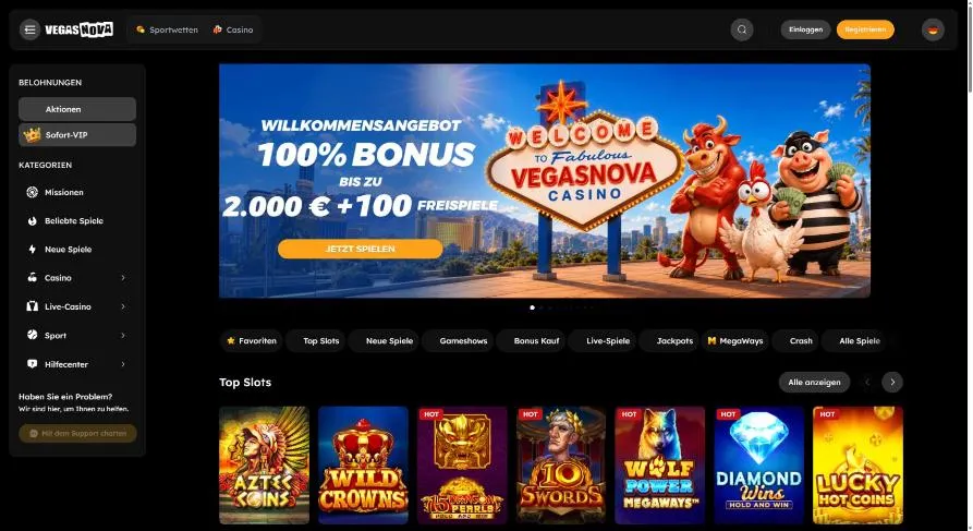 Startseite von VegasNova auf Deutsch mit dem Willkommensangebot 100 % Bonus bis 2.000 € und 100 Freispielen