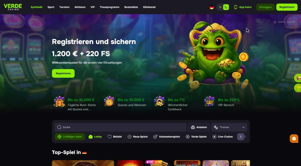 Startseite von Verde Casino auf Deutsch mit dem Willkommenspaket 1.200 € und 220 Freispiele